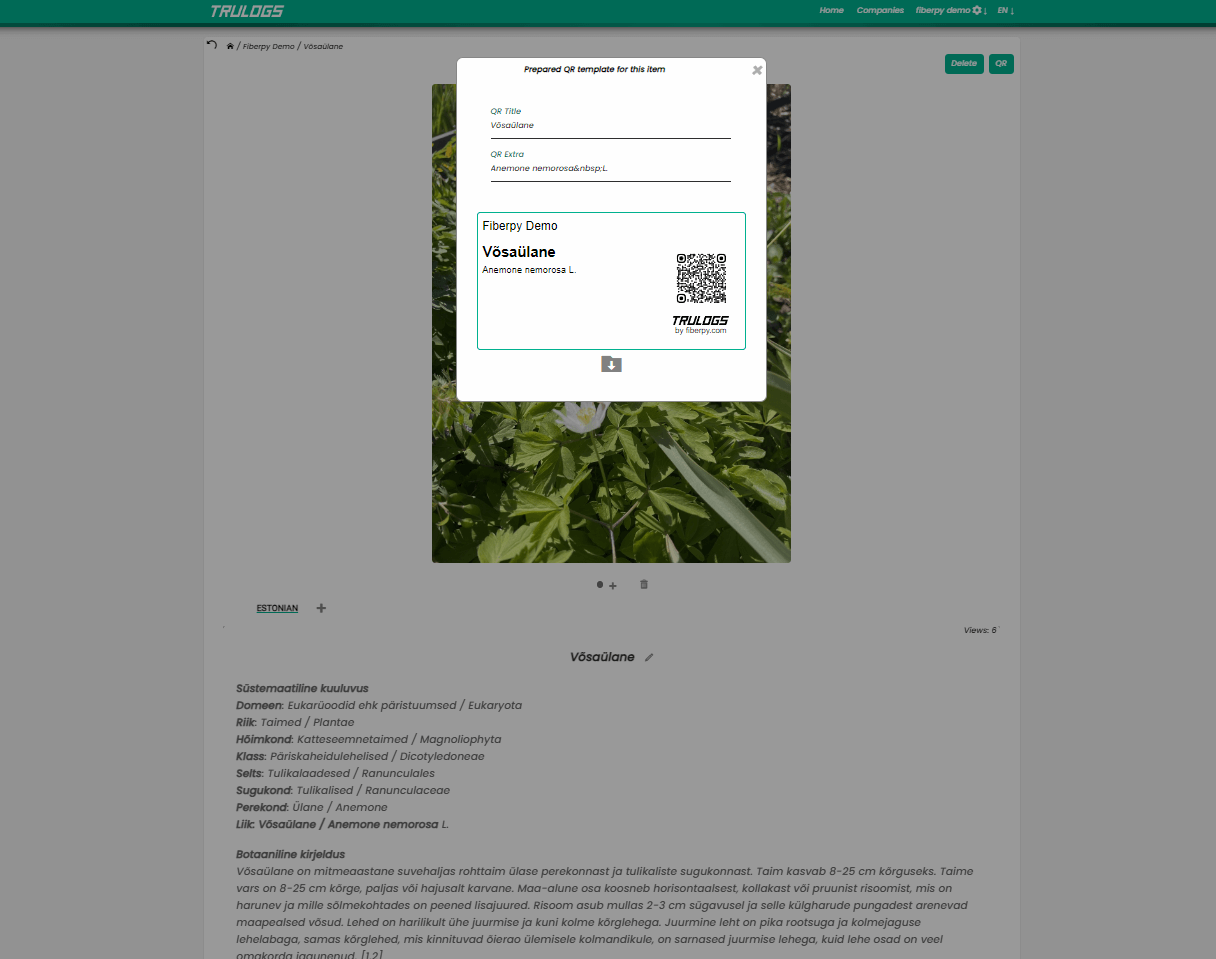 Trulogs QR code popup